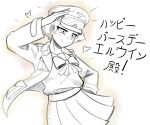  1girl absurdres birthday blush breasts chest_bow clothing_request erwin_(girls_und_panzer) fluffkaiser girls_und_panzer hand_on_own_hip happy_birthday hat heart highres jacket leather leather_jacket looking_at_viewer monochrome ooarai_school_uniform open_clothes open_jacket peaked_cap pleated_skirt reichsadler salute school_uniform shirt_tucked_in sketch skirt small_breasts smile solo translation_request 