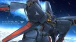  byalant cable cloud cloudy_sky commentary_request english_text flying gundam highres logo mecha mecha_focus mobile_suit no_humans one-eyed_mecha realistic robot science_fiction serike_w sky solo thrusters titans_(gundam) zeta_gundam 