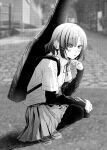  1girl absurdres blurry blurry_background bob_cut bocchi_the_rock! collared_shirt commentary_request from_side full_body greyscale guitar_case hair_ornament hairclip hand_up highres inkdaisuki instrument_case layered_sleeves long_sleeves looking_to_the_side monochrome neck_ribbon outdoors pantyhose parallel_hairclips parted_lips partial_commentary pleated_skirt ribbon school_uniform shimokitazawa_high_school_uniform shirt shoes short_hair short_over_long_sleeves short_sleeves skirt solo squatting turning_head undershirt yamada_ryo 