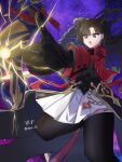  1girl artist_name black_gloves black_hair black_shirt black_thighhighs commentary_request earrings fate/stay_night fate/unlimited_blade_works fate_(series) gem gloves heavenly_boat_maanna highres honkai:_star_rail honkai_(series) hoop_earrings jacket jewelry long_hair pendant red_gem red_jacket rin's_pendant_(fate) shirt skirt solo thighhighs tohsaka_rin tohsaka_rin_(honkai:_star_rail) twintails two_side_up white_skirt zui_13 
