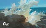  animal animal_focus artist_logo artist_name baby_animal blue_sky brown_fur chinese_commentary creature day deer english_commentary english_text fawn highres horizon logo mixed-language_commentary no_humans ocean on_rock original outdoors rock scenery sky standing standing_on_rock water watermark waves wenjun_lin wide_shot 
