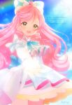  1girl artist_name ascot blue_bow blurry bokeh bow braid brooch center_frills commentary_request cowboy_shot crown_braid cure_prism depth_of_field dress dress_bow earrings elbow_gloves frills glove_bow gloves green_eyes hair_bow highres hirogaru_sky!_precure jewelry kyanos_(b_0000ff) layered_dress long_hair looking_at_viewer magical_girl mismatched_earrings nijigaoka_mashiro open_mouth partial_commentary pink_hair precure rainbow reaching reaching_towards_viewer short_dress side_braids signature sleeveless sleeveless_dress smile solo sparkle standing sunlight very_long_hair white_ascot white_bow white_dress white_gloves wing_brooch 