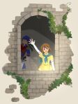  1boy 1girl :d alternate_hair_color asaorom blue_eyes blue_hair brother_and_sister brown_hair commentary_request fire_emblem fire_emblem:_path_of_radiance green_eyes green_headband headband highres ike_(fire_emblem) mist_(fire_emblem) open_mouth short_hair siblings smile solo_focus waving 