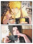  2boys black_hair black_shirt blonde_hair blue_eyes bowl brown_eyes brown_overalls camera_phone chopsticks commentary eating facial_mark food highres holding holding_chopsticks holding_phone male_focus multiple_boys naruto_(series) nol_arcv noodles onion overalls phone pork_cutlet ramen shirt softboiled_egg taking_picture uchiha_sasuke untranslatable_commentary uzumaki_naruto whisker_markings white_shirt yellow_shirt 