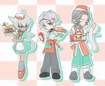  1girl 2boys alternate_costume animal_ears apron archon_mark black_shoes blind breasts burger cat_ears cat_girl cat_tail checkered_background cleavage closed_eyes coumarin dark-skinned_female dark_skin dress elezen elf employee_uniform facial_hair facial_mark facial_tattoo fast_food_uniform final_fantasy final_fantasy_xiv fingerless_gloves food gloves grey_eyes grey_facial_hair grey_hair grey_shoes grey_tail hat holding holding_receipt holding_tray hyur looking_at_viewer miqo'te multiple_boys omelet omurice orange_apron orange_hat orange_shoes pointy_ears pudding serving shirt shoes socks striped_apron striped_clothes striped_dress striped_shirt striped_socks sweatdrop tail tattoo thancred_waters tray urianger_augurelt visor_cap whisker_markings white_apron white_socks y'shtola_rhul 