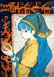  1girl abstract_background apron aqua_apron aqua_hair aqua_headdress commentary_request from_side haniyasushin_keiki highres long_hair mizubachi_158 purple_eyes shirt solo touhou yellow_shirt 