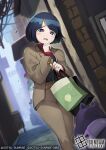  1girl bag belt black_hair blue_eyes blush_stickers bob_cut brown_belt brown_jacket brown_pants commentary_request company_name copyright_logo copyright_name copyright_notice gundam gundam_card_game gundam_gquuuuuux holding holding_bag ishibashi_yosuke jacket jewelry logo official_art open_clothes open_jacket open_mouth outdoors pants ring shiiko_sugai shopping_bag short_hair solo sweater turtleneck turtleneck_sweater 