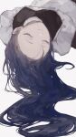  1girl apron black_dress blue_hair closed_eyes closed_mouth commentary_request dress hair_spread_out long_hair lying mugisoba on_back reverse:1999 school_uniform smile solo soviet_school_uniform upper_body upside-down voyager_(reverse:1999) white_apron 