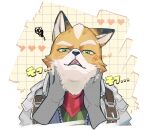  1boy animal_ears artist_name blush brown_fur commentary_request disembodied_hand fangs fox_boy fox_ears fox_mccloud furry furry_male hand_on_another's_cheek hand_on_another's_face looking_at_viewer male_focus open_mouth p89_sf squiggle star_fox sweatdrop translated twitter_username 