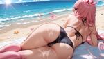  1girl absurdres arthropod_girl ass ass_focus back beach bikini black_bikini breasts butterfly_girl butterfly_wings commentary cum cum_on_ass cum_on_body cum_on_legs english_commentary from_behind halterneck head_wings highres huge_ass indie_virtual_youtuber insect_wings legs long_hair medium_breasts outdoors pheromoan pink_wings pointy_ears sand solo string_bikini sun sweat swimsuit thick_thighs thighs virtual_youtuber viviria water wet wings 