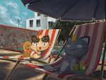  alolan_meowth animal_focus blue_sky cat chair coin deck_chair eyewear_on_head folding_chair gold gyura koban_(gold) meowth no_humans open_mouth outdoors pokemon pokemon_(creature) pokemon_focus pool regional_and_normal sky smile sunglasses umbrella water 