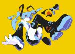  1girl blue_eyes blue_hair commentary_request detached_sleeves hatsune_miku jaggy_lines long_hair long_sleeves looking_at_viewer miniskirt sentakki simple_background skirt solo thighhighs twintails upskirt vocaloid yellow_background 