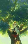  1girl absurdres animal_ear_fluff animal_ears black_skirt blush commentary detached_sleeves greatsword grey_hair hat highres hot in_tree inubashiri_momiji one_eye_closed outdoors platform_sandals pom_pom_(clothes) red_eyes red_hat red_sandals red_skirt ribbon-trimmed_sleeves ribbon_trim sandals shirt short_hair sitting sitting_in_tree skirt sleeveless sleeveless_shirt socks solo sweat sword sword_on_back tail tokin_hat touhou tree two-tone_skirt weapon weapon_on_back white_shirt white_socks wide_sleeves wolf_ears wolf_girl wolf_tail yorange17 