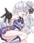 1girl alternate_costume armpit_crease bare_shoulders black_gloves black_panties black_ribbon black_socks blush boots breasts center_frills commentary dress ed_(trickcal) elf fewer_digits fluffy_hair frills gloves grin hair_bun hair_ornament hair_ribbon highres idol_clothes long_hair one_eye_closed pale_skin panties panty_peek plaid_clothes plaid_dress pointy_ears purple_dress ribbon simple_background single_side_bun small_breasts smile socks solo star_(symbol) star_hair_ornament sweat thick_eyelashes thighs trickcal twitter_username underwear ustya_0 very_long_hair white_background white_boots white_hair yellow_eyes 