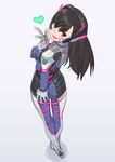  armor ass bangs bodysuit boots breasts brown_eyes brown_hair d.va_(overwatch) eyebrows eyebrows_visible_through_hair facepaint facial_mark from_behind full_body gloves hand_on_own_ass headphones heart high_collar kamo_kamen long_hair looking_back medium_breasts overwatch pilot_suit shoulder_pads simple_background solo swept_bangs thigh_boots thighhighs turtleneck whisker_markings white_footwear white_gloves white_legwear 
