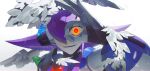  1boy absurdres android armor commentary evil_smile glowing glowing_eyes highres lumine_(mega_man) male_focus mega_man_(series) mega_man_x8 mega_man_x_(series) ok_sign ok_sign_over_eye portrait purple_hair red_eyes simple_background smile solo upper_body watermark wawadochi white_armor white_background 