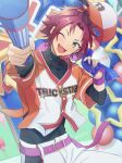  1boy absurdres armband bad_id bad_pixiv_id balloon bangs_pinned_back baseball_cap belt_buckle buckle buttons commentary_request curtained_hair dated ensemble_stars! fingernails floating_hat green_eyes hat highres holding holding_towel isara_mao layered_clothes layered_sleeves long_sleeves male_focus official_alternate_costume one_eye_closed open_mouth play_ball_(ensemble_stars!) red_hair reijiro short_hair short_over_long_sleeves short_sleeves smile solo star_(symbol) teeth towel upper_teeth_only 