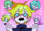  1boy 4girls @_@ aqua_eyes aqua_hair black_socks blonde_hair blood blue_eyes blush_stickers bow buttons cellphone chibi collared_shirt commentary drooling flip_phone gakuran gauze gauze_on_cheek gradient_background green_eyes green_hair gumi hair_bow hands_up hatsune_miku holding holding_phone kagamine_len kagamine_rin long_hair megurine_luka mouth_drool multiple_girls necktie nosebleed one_eye_closed open_mouth phone pink_background pink_bow pink_hair pink_necktie pink_skirt pleated_skirt plus_danshi_(vocaloid) ryuzi_27 school_uniform shirt shoes short_hair skirt smile socks sparkle striped_clothes striped_necktie sweatdrop teeth twintails untranslatable_commentary upper_body vocaloid white_bow white_shirt white_shoes white_socks 