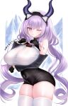 1girl absurdres arknights arknights:_endfield bare_shoulders black_gloves black_hairband black_horns black_sleeves breasts chinese_commentary closed_mouth commentary_request covered_navel cowboy_shot detached_sleeves framed_breasts gloves hairband highres horns large_breasts long_hair long_sleeves looking_at_viewer luhuaic one_eye_closed pink_eyes purple_hair purple_horns skindentation solo standing thighhighs typhon_(arknights) very_long_hair white_background white_thighhighs 