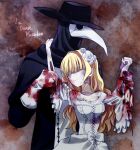  1boy 1girl alouette_(la_danse_macabre) beak black_cloak blonde_hair blood blood_on_clothes cloak closed_eyes coat commentary_request corruption dress flower gloves hair_flower hair_ornament hat jewelry la_danse_macabre long_hair necklace plague_doctor plague_doctor_(la_danse_macabre) plague_doctor_mask poke_nk rose rotting wedding_dress white_dress white_flower white_gloves white_rose 