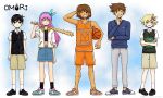  1girl 4boys antenna_hair arm_up arms_at_sides aubrey_(faraway)_(omori) aubrey_(omori) ball baseball_bat basil_(faraway)_(omori) basil_(omori) basketball_(object) black_eyes black_hair black_shoes black_socks black_sweater_vest blonde_hair blue_eyes blue_hairband blue_shoes blue_skirt blue_sweater blush book bright_pupils brothers brown_hair brown_shorts closed_mouth collarbone collared_shirt commentary copyright_name crop_top crossed_arms dark-skinned_male dark_skin denim denim_skirt double-parted_bangs expressionless flower green_sweater_vest grey_pants grin hair_behind_ear hair_between_eyes hair_flower hair_ornament hairband hand_on_own_head hero_(faraway)_(omori) hero_(omori) holding holding_ball holding_baseball_bat holding_book invisible_floor jacket kel_(faraway)_(omori) kel_(omori) leg_hair long_hair looking_at_viewer multiple_boys nail_(hardware) nail_bat navel official_art omocat omori open_clothes open_jacket open_mouth orange_shoes orange_shorts pants parted_lips pink_hair shirt shoes short-sleeved_jacket short_hair short_sleeves shorts siblings sidelocks skirt smile sneakers socks standing sunny_(omori) sweater sweater_vest teeth untranslatable_commentary white_jacket white_pupils white_shirt white_socks 
