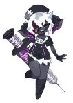  1girl :d absurdres black_gloves black_skin colored_skin commentary_request dress elbow_gloves full_body gloves hat highres horns koh_jin looking_at_viewer nurse nurse_cap open_mouth original purple_eyes simple_background smile solo teeth upper_teeth_only white_hair zombie 