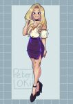  1girl absurdres alternate_costume black_choker blonde_hair boku_no_hero_academia breasts choker cleavage commentary crossed_legs curly_hair curtained_hair detached_sleeves english_commentary full_body grin hand_in_own_hair hand_up high-waist_skirt highres long_eyelashes long_hair looking_at_viewer medium_breasts mount_lady orange_trim pencil_skirt peterokii purple_skirt shirt shirt_tucked_in signature skirt sleeveless sleeveless_shirt smile solo strapless strappy_heels teeth tube_top watson_cross white_shirt 