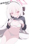  1girl absurdres black_hairband black_shirt blue_archive blush bow breasts bridal_gauntlets cowboy_shot double-parted_bangs hair_between_eyes hair_bow hairband half_updo halo highres kanimiso30601 kei_(blue_archive) kei_(student)_(blue_archive) lifting_own_clothes long_hair long_hair_between_eyes long_sleeves looking_at_viewer navel no_pants panties pink_eyes pink_halo rectangular_halo ringed_eyes shirt simple_background sitting solo stomach thighs underwear white_background white_bridal_gauntlets white_hair white_panties 