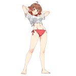  1girl ahoge barefoot bikini blush breasts brown_eyes brown_hair commentary_request full_body gakuen_idolmaster hanami_ume hands_in_own_hair idolmaster looking_at_viewer medium_breasts medium_hair navel open_mouth pan_(ryu) red_bikini shirt side-tie_bikini_bottom simple_background solo standing swimsuit tied_shirt white_background white_shirt 