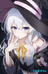  1girl absurdres bare_shoulders black_background black_hat black_robe black_shoes black_skirt blue_eyes bow braid center_frills closed_mouth collared_shirt commentary_request elaina_(majo_no_tabitabi) frilled_skirt frills hair_between_eyes hair_bow hand_up hat highres long_hair long_sleeves looking_at_viewer majo_no_tabitabi neck_ribbon open_clothes open_robe pink_bow pink_ribbon pleated_skirt qi_ye_zhu_sky ribbon robe shirt shoes side_braid sign simple_background single_braid single_off_shoulder skirt sleeveless sleeveless_shirt smile solo white_hair white_shirt witch_hat yellow_ribbon 
