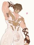  1boy abs absurdres aknox_m arm_behind_head armpits artist_name bara biceps bodysuit brown_eyes brown_hair bulge commentary covered_nipples eikthyrnir_(fire_emblem) english_commentary fingerless_gloves fire fire_emblem fire_emblem_heroes gauntlets gloves highres large_pectorals male_focus manly mask masked mature_male mouth_mask muscular muscular_arms muscular_male pectorals short_hair signature simple_background smell solo spiked_hair sweat sweatdrop thick_eyebrows thick_thighs thighs twitter_username variant_set wet wet_clothes 
