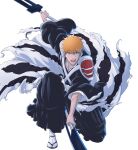  1boy absurdres armor black_hakama bleach bleach:_sennen_kessen-hen commentary dual_wielding hakama highres holding holding_sword holding_weapon japanese_clothes kurosaki_ichigo male_focus on_one_knee open_mouth orange_hair pauldrons sandals shihakusho shoulder_armor socks solo sonzhondaya sword true_zangetsu_(shikai) weapon white_socks 