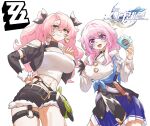 2girls bangboo_(zenless_zone_zero) black_shorts blue_eyes breasts camera company_connection crossover earrings green_eyes hair_ribbon highres holding holding_camera honkai:_star_rail honkai_(series) jewelry large_breasts logo looking_at_viewer maengkkong-i march_7th_(honkai:_star_rail) medium_breasts midriff mihoyo multicolored_eyes multiple_girls nicole_demara pink_eyes pink_hair ribbon shirt shorts skirt smile strapless tube_top twintails two-tone_eyes two_side_up white_shirt zenless_zone_zero 