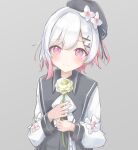  1girl beret black_choker black_coat black_hat center_frills choker closed_mouth coat collared_coat commentary_request flower flower-trimmed_sleeves frills gradient_hair grey_background hair_flower hair_ornament hat hat_flower hat_ribbon highres holding holding_flower long_sleeves looking_at_viewer mahou_shoujo_no_majo_saiban multicolored_hair neck_ribbon pink_eyes pink_hair retang_8 ribbon sakuraba_ema shirt short_hair simple_background sleeveless sleeveless_coat smile solo white_flower white_hair white_ribbon white_shirt white_sleeves x_hair_ornament 