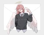  1boy androgynous angel angel_devil_(chainsaw_man) angel_wings black_cardigan black_sweater border cardigan chainsaw_man collared_shirt commentary feathered_wings glowing glowing_halo grey_border hair_between_eyes halo heart letter long_hair long_sleeves love_letter macoshu mail male_focus necktie one_eye_closed outside_border paper_background pink_eyes pink_hair shirt solo straight-on striped_clothes striped_necktie sweater tongue tongue_out traditional_halo untranslatable_commentary upper_body white_shirt white_wings wings 