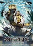  1boy abs attack black_sash clenched_hands closed_mouth commentary_request facial_hair from_below hack_(one_piece) japanese_clothes kimono long_hair looking_ahead male_focus mustache nekobayashi official_art one_piece one_piece_card_game outdoors sash smoke solo white_kimono 