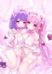  2girls animal_ears asymmetrical_docking bare_shoulders blush bow bowtie bra breast_press breasts cleavage collar commentary_request demon_tail detached_collar detached_sleeves fake_animal_ears fishnet_thighhighs fishnets garter_belt hair_bow hand_up heart heart-shaped_pupils highres kneeling large_breasts leotard long_hair looking_at_viewer mini_wings multiple_girls open_mouth original panties pantyhose parted_lips pink_bow pink_bowtie pink_eyes pink_hair pinkpink2025 pointy_ears purple_eyes purple_hair rabbit_ears shoes single_thighhigh spade_(shape) symbol-shaped_pupils tail thighhighs thighhighs_over_pantyhose underwear very_long_hair white_bra white_collar white_garter_belt white_leotard white_panties white_pantyhose white_shoes white_thighhighs wings 
