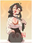  1girl ahoge black_hair black_pantyhose bra breasts cleavage closed_eyes clothes_grab collared_shirt english_commentary glasses highres hot joints large_breasts long_hair low_ponytail necktie necktie_grab neckwear_grab open_collar open_mouth original pantyhose pencil_skirt ponytail robot_joints shirt sidelocks signature simple_background sitting skirt solo sweat underwear unhinged 