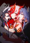  3girls absurdres animal_ears black_hair chinese_commentary commentary_request costume_request fu_hua fu_hua_(fenghuang_of_vicissitude) fu_hua_(shadow_knight) girl_sandwich grey_hair highres honkai_(series) honkai_impact_3rd horizontal_spotlight multicolored_hair multiple_girls multiple_persona nanguatudou_dunpaigu red_hair sandwiched scales two-tone_hair white_hair yellow_pupils yuri 
