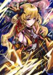  1girl absurdres arknights bare_shoulders black_collar black_dress blonde_hair blurry closed_mouth collar commentary detached_sleeves dress electricity english_commentary gloves highres horns leizi_(arknights) leizi_the_thunderbringer_(arknights) long_hair long_sleeves looking_at_viewer nutsumi47 pointy_ears purple_eyes signature sleeveless sleeveless_dress solo split_mouth tassel white_gloves wide_sleeves yellow_horns yellow_sleeves 