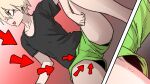  1boy black_shirt blonde_hair collarbone commentary_request dolphin_shorts dutch_angle eyeliner gradient_background green_shorts high_school_boy highres hong_iltak korean_commentary looking_to_the_side makeup male_focus multiple_views open_mouth parkgee pointing_out_the_details red_background red_eyeliner red_eyes sanpaku shirt short_hair shorts smile solo sweatdrop t-shirt thigh_focus trap youtube_video_thumbnail 