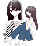  1girl 2girls barefoot black_eyes black_hair blue_pants brown_hair closed_mouth denim expressionless feet gmdsnk highres jeans long_hair long_sleeves mole mole_under_eye mole_under_mouth multiple_girls multiple_views original own_hands_together pants shirt simple_background sitting striped_clothes striped_shirt white_background white_shirt 
