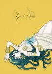  1girl absurdres armlet blunt_bangs bracelet breasts character_name cleopatra_(fate) cleopatra_(third_ascension)_(fate) closed_mouth commentary dress earrings facial_mark fate/grand_order fate_(series) grand_servant_(fate/grand_order) green_eyes green_hair highres hoop_earrings jewelry knees_up long_hair looking_at_viewer lying multiple_rings necklace on_back ring shirofox66 simple_background smile solo very_long_hair white_dress yellow_background 