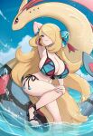  1girl alternate_breast_size_(larger) bikini blonde_hair blue_bikini blue_sky breasts cleavage cloud commentary_request cynthia_(pokemon) cynthia_(summer_2025)_(pokemon) day full_body gonzarez grey_eyes hair_ornament hair_over_one_eye high_heel_sandals high_heels highres huge_breasts long_hair looking_at_viewer milotic ocean outdoors pokemon pokemon_(creature) pokemon_masters_ex rock sandals sitting sky swimsuit toes very_long_hair water 