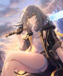  1girl :| arm_support bare_legs baseball_bat black_background black_coat black_gloves black_skirt breasts chinese_commentary cityscape closed_mouth cloud coat collarbone commentary_request crossed_legs feet_out_of_frame floating_hair from_below gloves grey_hair hair_between_eyes hair_intakes hand_up highres holding holding_baseball_bat honkai:_star_rail honkai_(series) jacket long_hair looking_at_viewer miniskirt open_clothes open_coat outdoors sang_yu_qwq shirt sitting skirt sky sleeves_rolled_up small_breasts solo stelle_(honkai:_star_rail) thigh_strap thighs trailblazer_(honkai:_star_rail) two-sided_coat two-sided_fabric weapon white_shirt yellow_eyes 