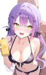  1boy :d absurdres bald bikini black_bikini black_bow bottle bow braid breasts cleavage clothed_female_nude_male colored_inner_hair demon_girl demon_tail double-parted_bangs ear_piercing earrings fangs frilled_bikini frills front-tie_bikini_top front-tie_top gradient_hair green_eyes hair_between_eyes hair_bow hair_ornament hairclip half_crown_braid hetero highres holding holding_bottle hololive jewelry leaning_forward long_hair medium_breasts multicolored_hair navel nekonosuke nude open_mouth paid_reward_available parallel_hairclips piercing pink_hair pointy_ears purple_hair simple_background smile solo solo_focus spiked_ear_piercing stomach swimsuit tail teeth tokoyami_towa twintails upper_teeth_only virtual_youtuber white_background 