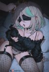  1boy 1girl ahoge alternate_breast_size_(larger) bare_shoulders black_choker black_panties blindfold blush braid breast_lift breasts cecilia_immergreen choker cleavage collarbone colored_blindfold colored_inner_hair commentary condom covered_eyes deep_skin doll_joints english_commentary fishnet_panties fishnet_thighhighs fishnets from_above garter_straps grabbing_another's_hair grabbing_own_breast greatodoggo green_hair green_streaks grey_hair highres holding holding_another's_hair holding_condom hololive hololive_english joints large_breasts multicolored_hair open_mouth panties pov pov_hands short_hair single_braid sitting solo_focus streaked_hair thighhighs thighs underwear virtual_youtuber winding_key yokozuwari 