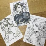  3girls artist's_hand_in_frame batman_(series) brown_hair bun_cover character_request china_dress chinese_clothes chun-li commentary dc_comics double_bun dress english_commentary hair_bun harley_quinn headphones inkling_girl inkling_player_character long_hair marker_(medium) monochrome multiple_girls photo_(medium) shirt short_hair signature sketch splatoon_(series) stanley_lau street_fighter traditional_media twintails upper_body 