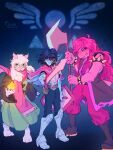  1boy 1girl 1other animal_ears armlet artist_name axe blue_background blue_hair blue_skin bracelet cape colored_skin colored_teeth delta_rune_(symbol) deltarune fire furry furry_female furry_male goat_boy goat_ears goat_horns green-framed_eyewear green_robe highres holding holding_axe horns jewelry kris_(dark_world)_(deltarune) kris_(deltarune) olivedoodles pink_cape pink_hair pink_horns pink_scarf pink_skin ralsei reptile_girl robe scarf spiked_armlet spiked_bracelet spikes susie_(dark_world)_(deltarune) susie_(deltarune) the_fun_gang utdr_(toby_fox) white_fur yellow_teeth 
