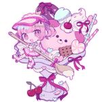  1girl :d apron blue_bow blue_bowtie blunt_bangs blush_stickers bow bowtie chibi chibi_only commentary cookie donut dress food full_body hat highres holding holding_spoon ice_cream kanamochi_kanato looking_at_viewer macaron open_mouth original outline pink_bow pink_dress pink_eyes pink_hair pink_hat pink_outline polka_dot polka_dot_bow polka_dot_headwear red_ribbon ribbon roller_skates short_hair short_sleeves simple_background sitting skates smile solo spoon striped_clothes striped_dress striped_footwear twitter_username untranslatable_commentary vertical-striped_clothes vertical-striped_dress visor_cap wafer_stick white_apron white_background 